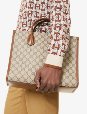 Shop Gucci B.eb/brown Sugar Retro Monogram-pattern Canvas Tote Bag