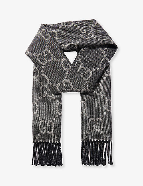 GUCCI: Monogram-pattern fringed-trim wool scarf