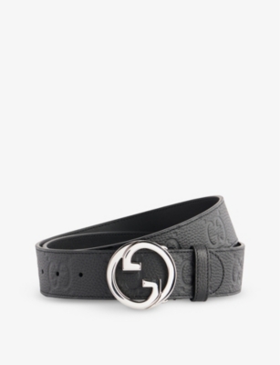 Gucci Mens Black Double G Logo-embossed Leather Belt In Black/black