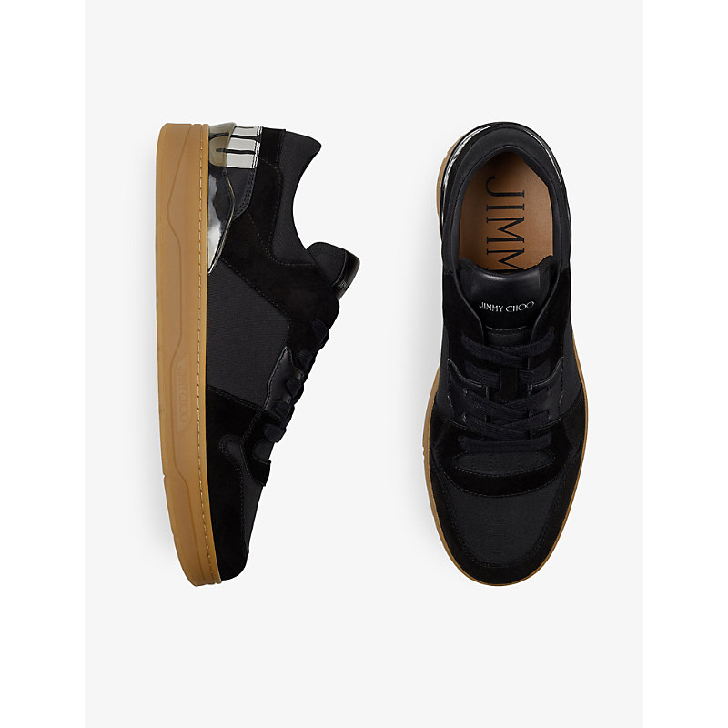 Shop Jimmy Choo Florent F Logo-print Suede And Cotton-canvas Low-top Trainers In Black