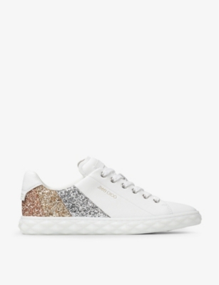 Jimmy Choo Diamond Light Glitter-embellished Leather Low-top Trainer In V White/gold Mix