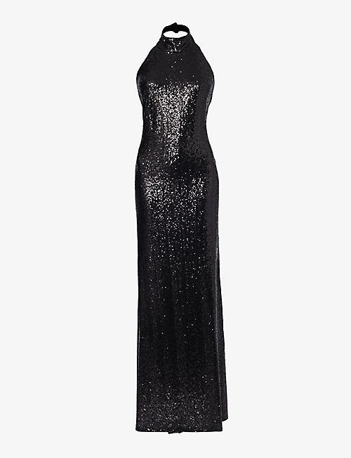 RALPH LAUREN: Sequin-embellished halter-neck stretch-woven gown