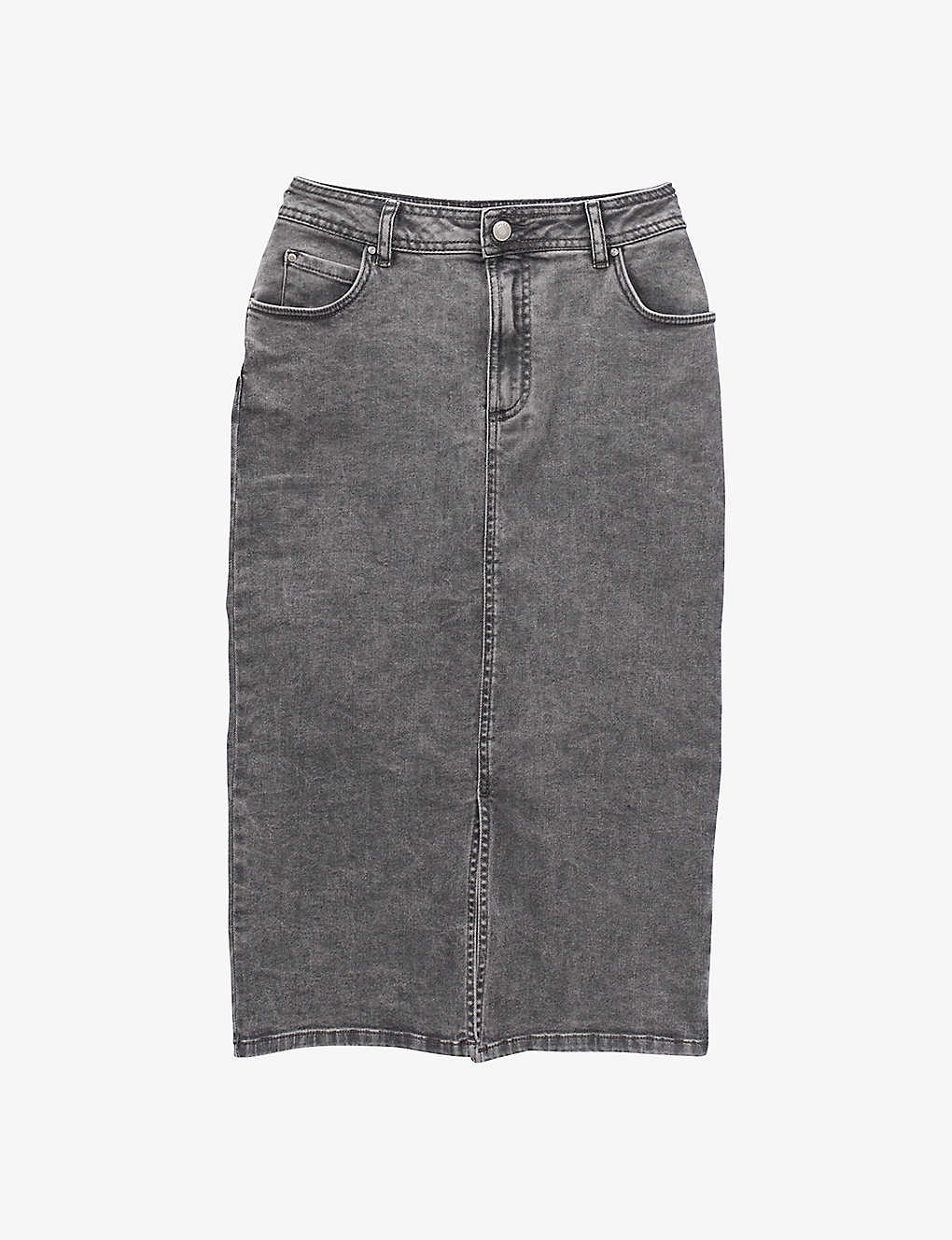 Ikks Womens Grey Split-hem Faded-wash Stretch-denim Midi Skirt