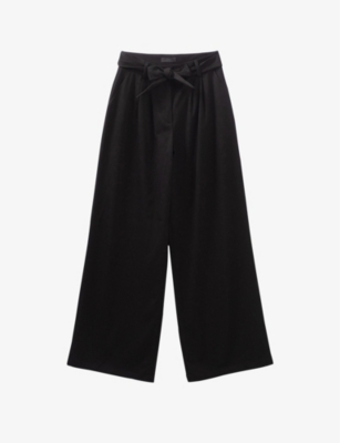 Ikks Womens Black Detachable-belt Pleated Wide-leg High-rise Woven Trousers