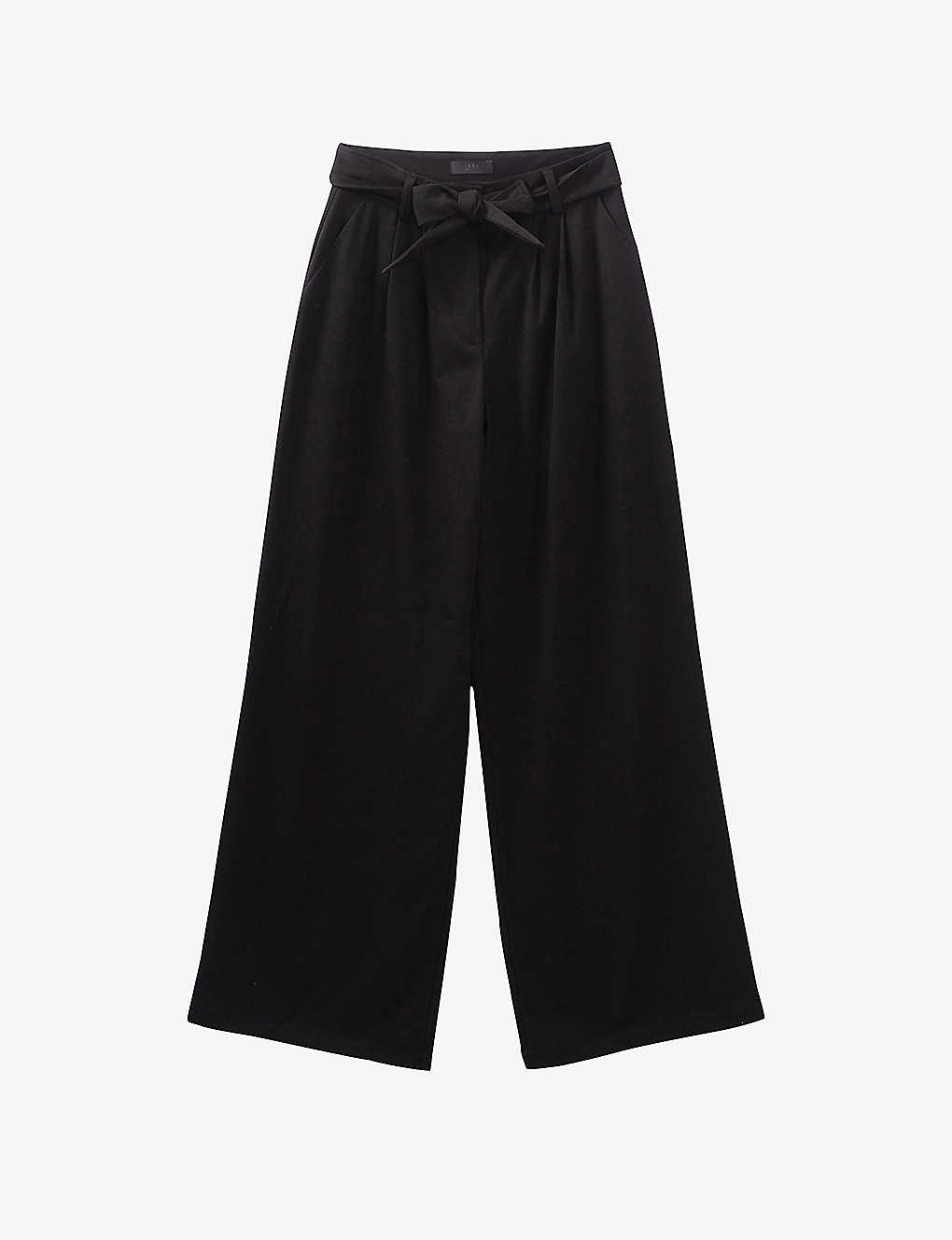 Ikks Womens Black Detachable-belt Pleated Wide-leg High-rise Woven Trousers