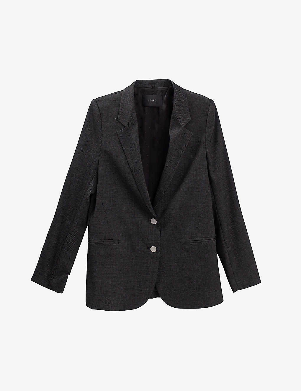 Ikks Womens Black Hooded Single-breasted Stretch-woven Suit Jacket