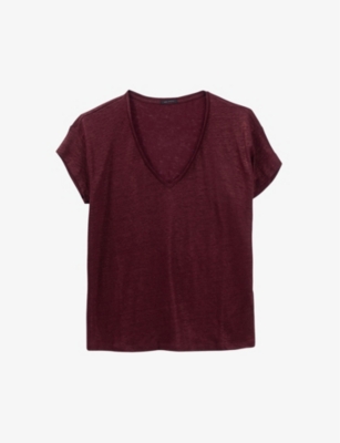 Ikks Womens Purple V-neck Short-sleeves Linen T-shirt