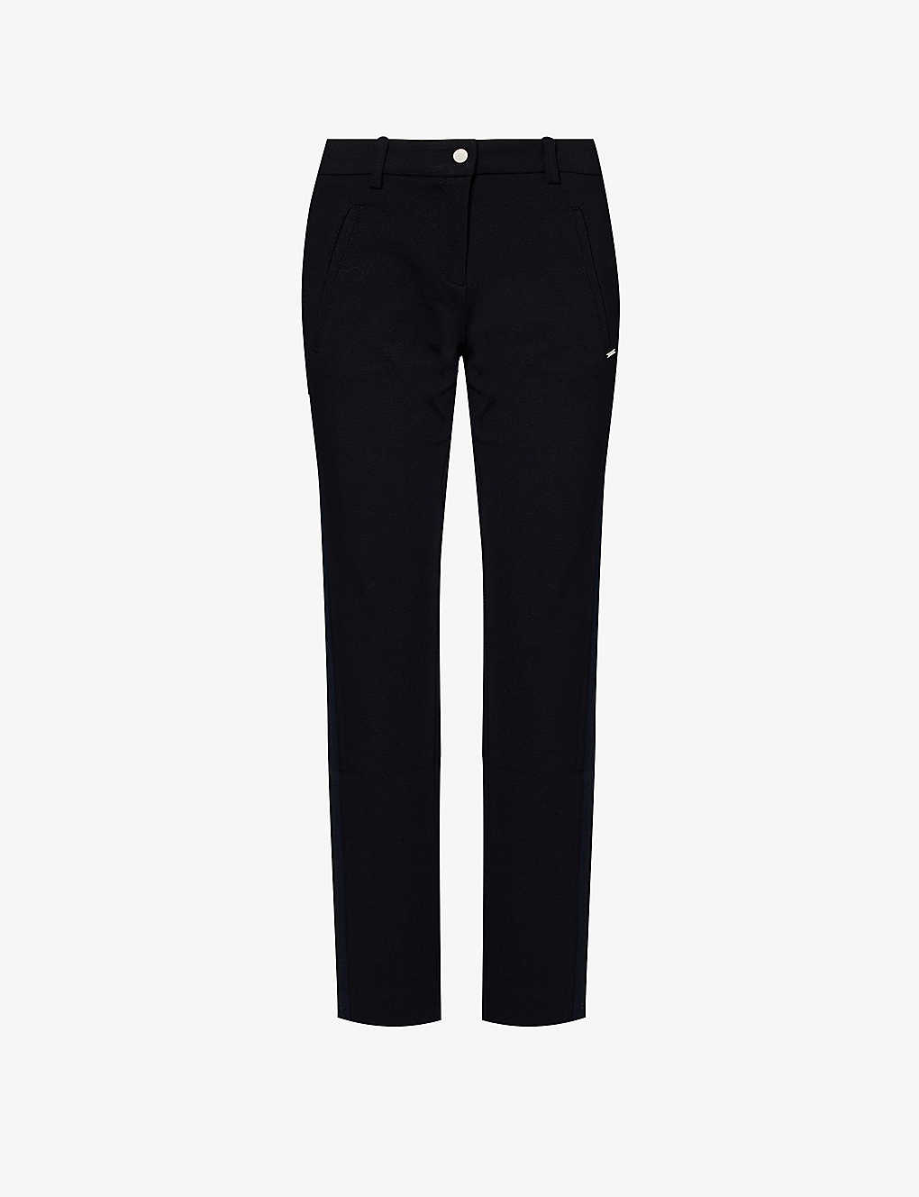 Ikks Womens Navy Belt-loop Metal-plaque Tapered-leg Mid-rise Stretch-woven Trousers