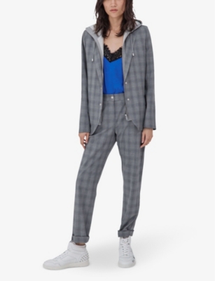 Shop Ikks Women's Grey Check-print Hooded Stretch-woven Blazer