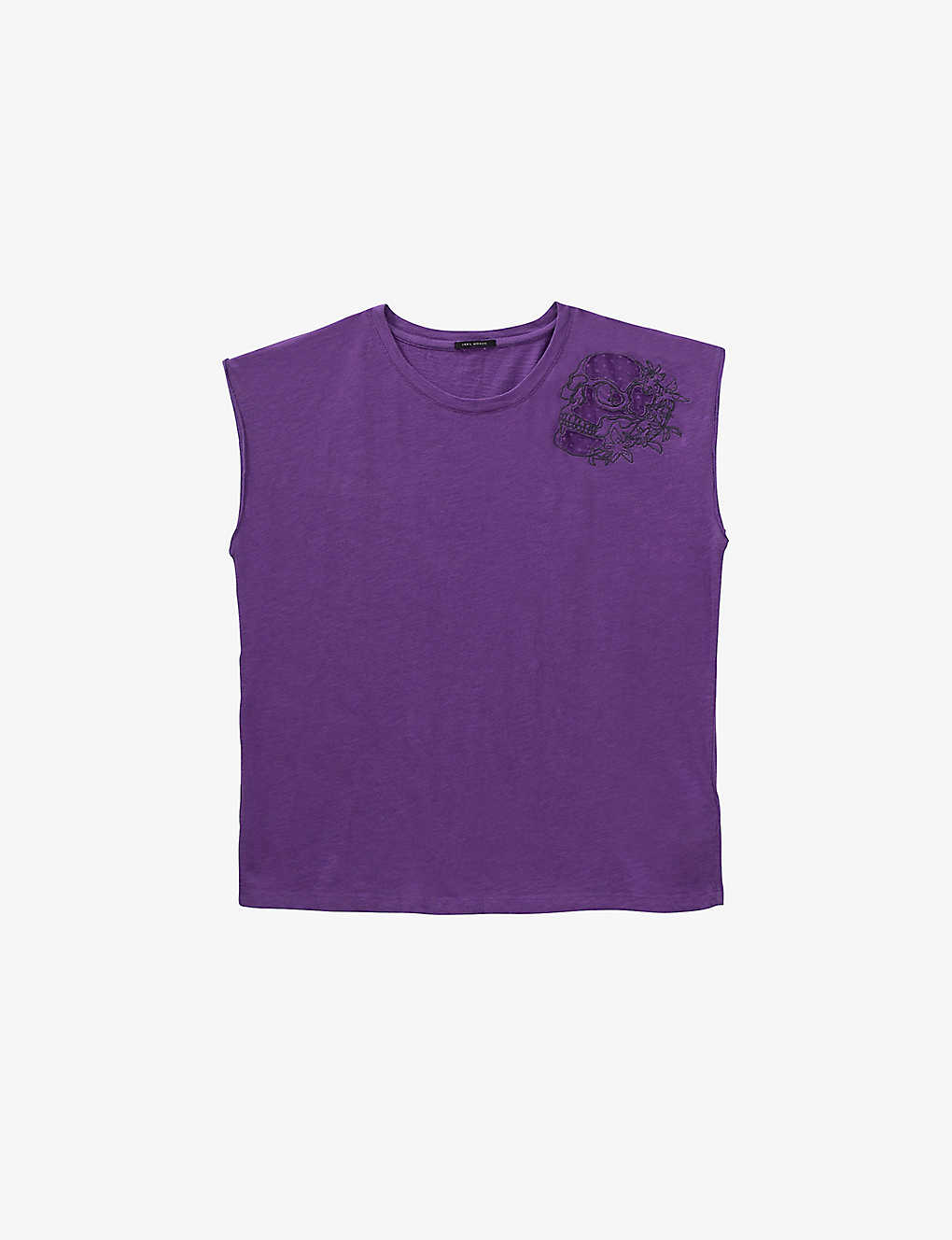 Ikks Womens Purple Skull-embroidered Raw-edge Cotton T-shirt
