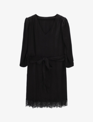 Ikks Womens Black Lace-trim Puffed-sleeve Woven Mini Dress