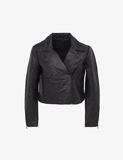 IKKS: Crocodile-print zip-fastening regular-fit croc-embossed leather jacket