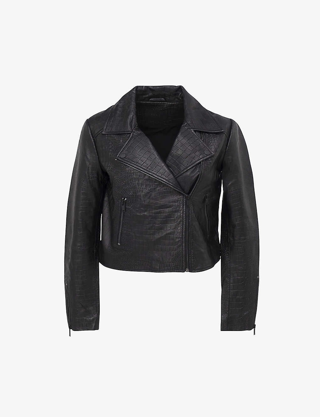 Ikks Womens Black Crocodile-print Zip-fastening Regular-fit Croc-embossed Leather Jacket