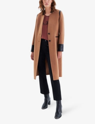 Shop Ikks Womens Camel Sienna Contrast-trim Reverse-collar Wool-blend Coat