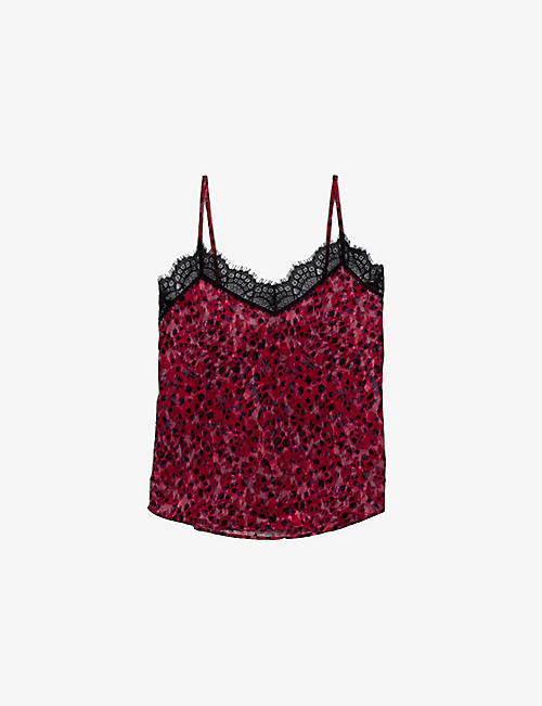 IKKS: Leopard-print lace-trimmed woven cami top