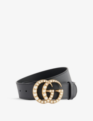 GUCCI: Double G faux pearl-embellished leather belt