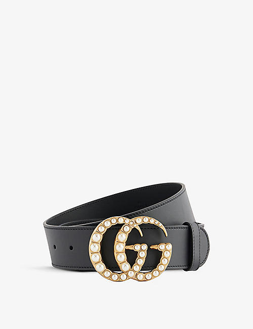 GUCCI: Double G faux pearl-embellished leather belt