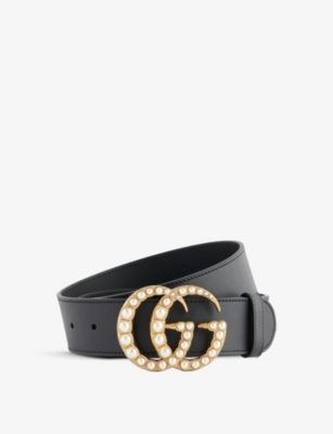 Shop Gucci Womens Nero/cream Double G Faux Pearl-embellished Leather Belt