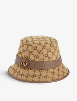 Gucci Bucket Hat With Signature Logo Patterntrim In Cacao/beige