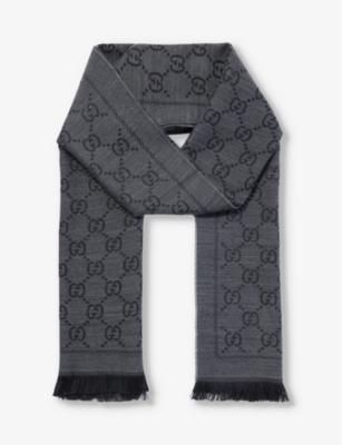 Gucci Women's Anthracite/black Monogram-pattern Fringed-trim Wool Knitted Scarf