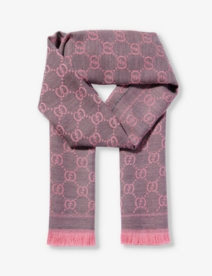 Gucci Women's Graphite/pink Monogram-pattern Fringed-trim Wool Scarf