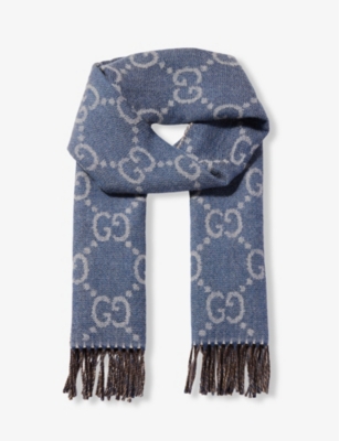 GG jacquard pattern knit scarf with tassels in grey and black
