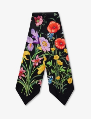 Gucci Womens Multi-coloured Flora Print-embellished Silk Neck Scarf In Black/multicolor