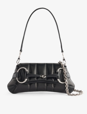 Gucci Womens Black Horsebit Chain Quilted Leather Shoulder Bag