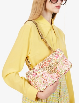 GG Marmont small floral shoulder bag in ivory and pink cotton