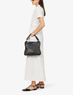 Shop Gucci Blondie Branded Leather Tote Bag In Black