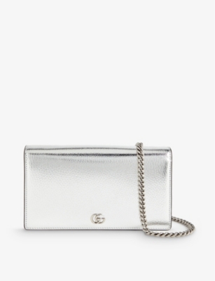 Gucci Womens Silver Gg Marmont Brand-plaque Metallic Leather Cross-body Bag
