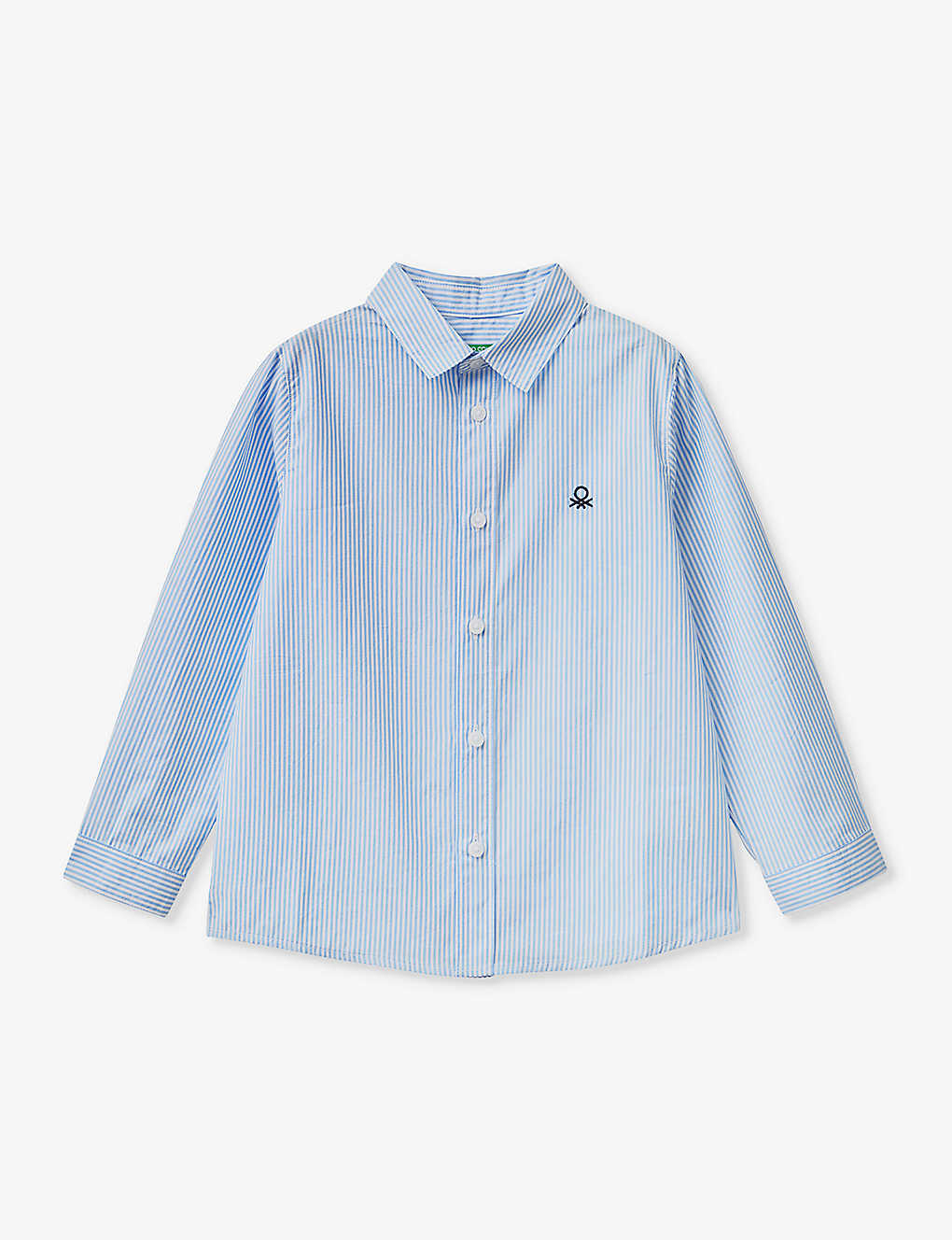 Benetton Boys Pale Blue Stripe Kids Logo-embroidered Long-sleeve Cotton-poplin Shirt 3-6 Years