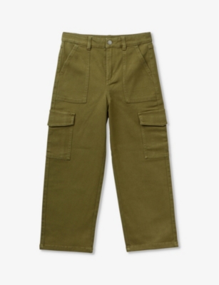 Benetton Boys Khaki Green Kids Patch-pocket Straight-leg Stretch-cotton Cargo Trousers 6-14 Years