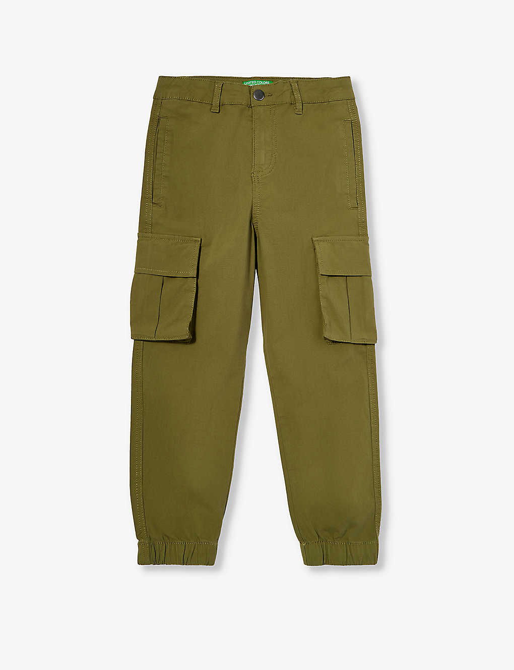 Benetton Boys Khaki Green Kids Mid-rise Regular-fit Stretch-cotton Trousers 6-14 Years