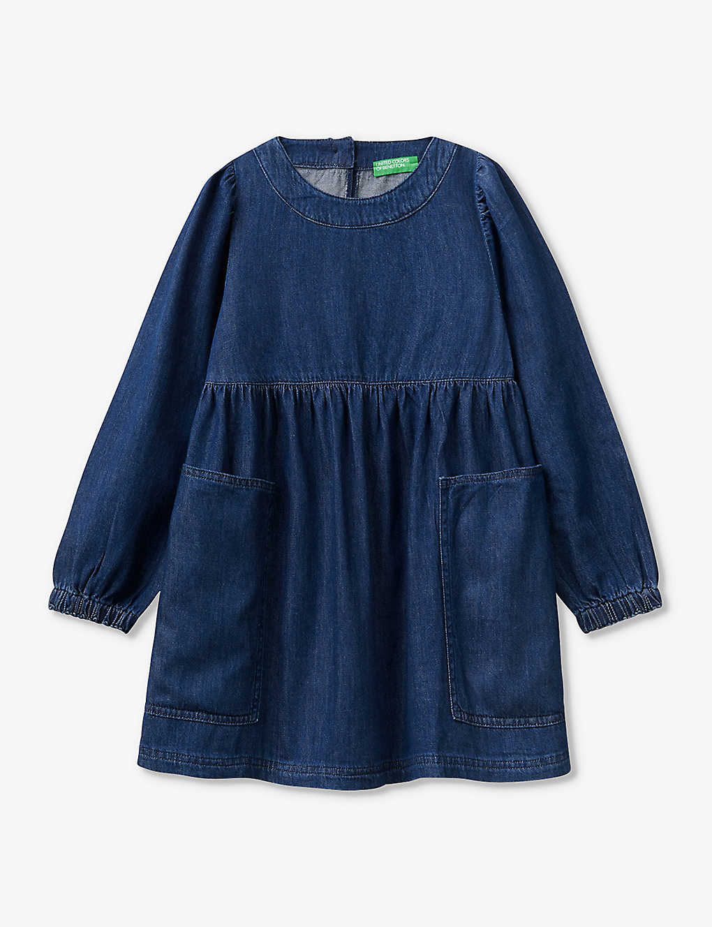 Benetton Girls Denim Blue Kids Round-neck Long-sleeve Denim Mini Dress 6-14 Years