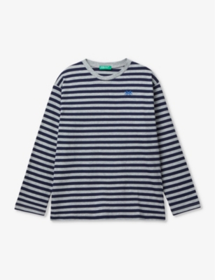 Benetton Girls Navy Grey Stripe Kids Logo-embroidered Striped Long-sleeved Cotton-jersey T-shirt 6-1