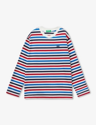 Benetton Girls Red Blue Stripe Kids Logo-embroidered Striped Long-sleeved Cotton-jersey T-shirt 6-14