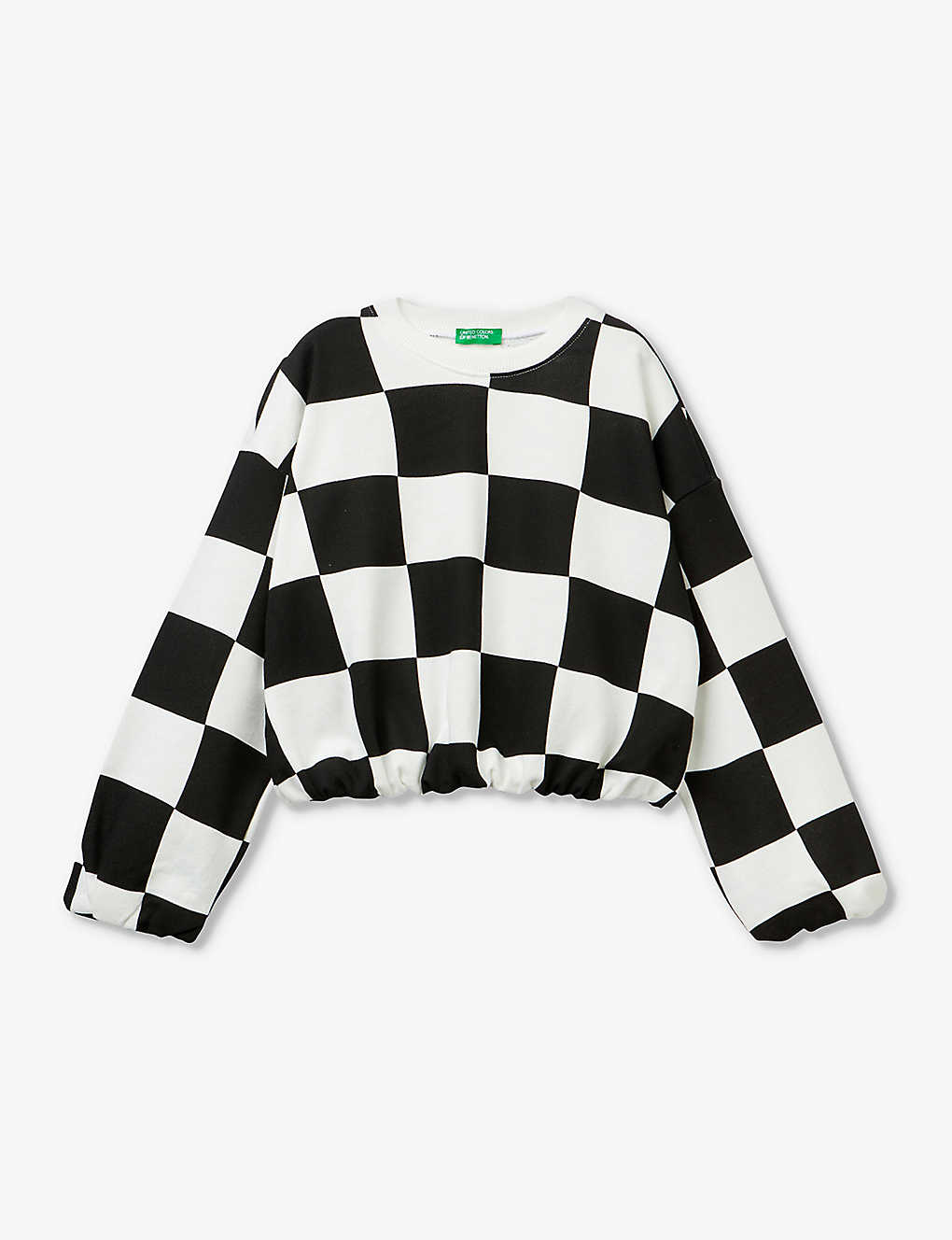 Benetton Girls Black White Check Kids Check-pattern Long-sleeve Cotton-jersey Sweatshirt 6-14 Years In Monochrome
