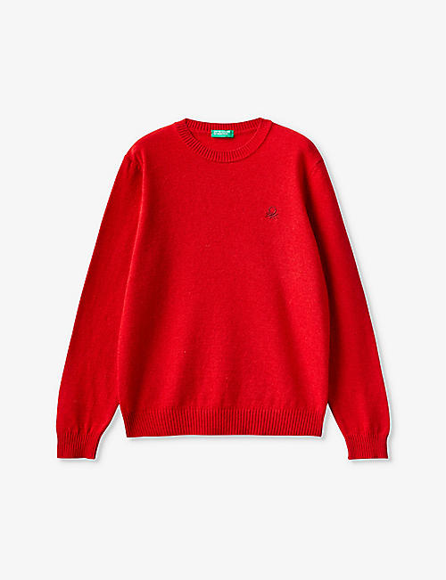 BENETTON: Logo-embroidered ribbed-trim woven-blend jumper 6-14 years