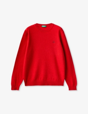 Benetton Boys Red Kids Logo-embroidered Ribbed-trim Woven-blend Jumper 6-14 Years
