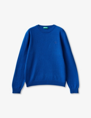 Benetton Boys Royal Blue Kids Logo-embroidered Ribbed-trim Woven-blend Jumper 6-14 Years