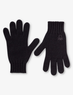 Benetton Boys Black Kids Logo-embroidered Stretch Wool-blend Gloves 6-14 Years