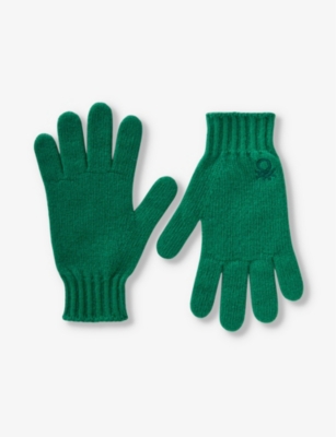 Benetton Boys Forest Green Kids Logo-embroidered Stretch Wool-blend Gloves 6-14 Years