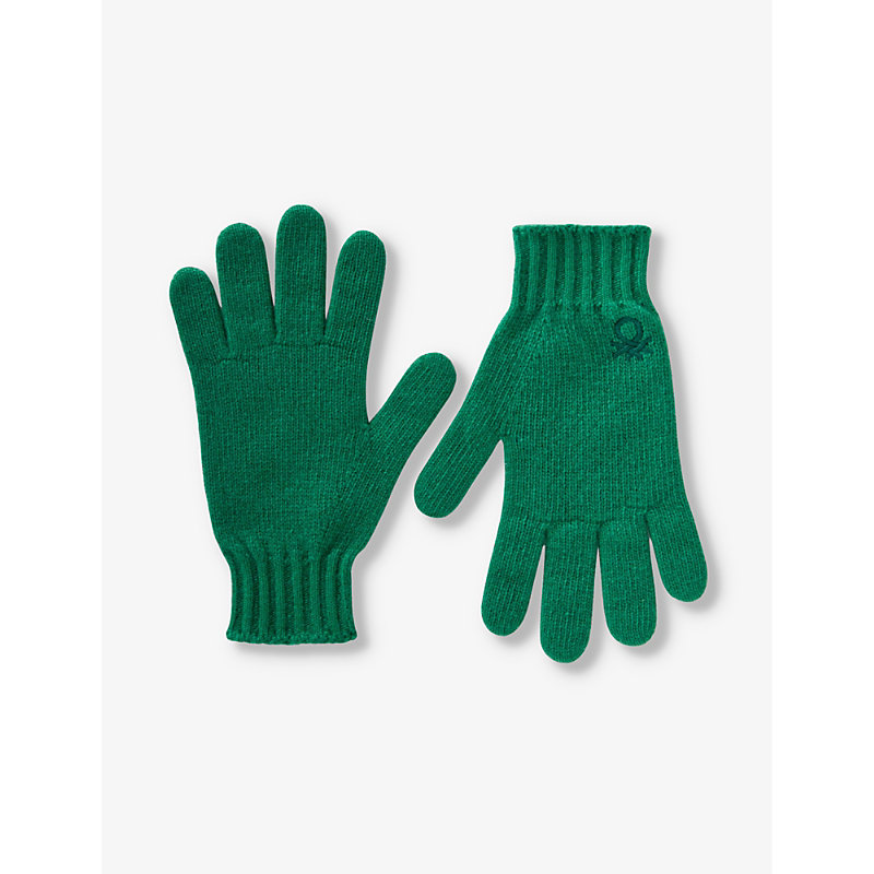 Benetton Boys Forest Green Kids Logo-embroidered Stretch Wool-blend Gloves 6-14 Years
