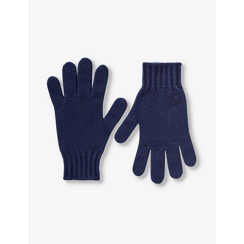 Benetton Boys Navy Blue Kids Logo-embroidered Stretch Wool-blend Gloves 6-14 Years
