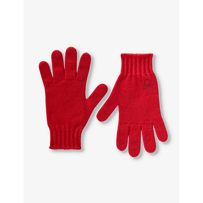 Benetton Boys Red Kids Logo-embroidered Stretch Wool-blend Gloves 6-14 Years