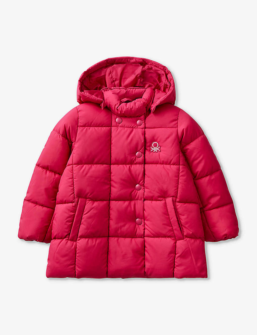 Benetton Girls Fucshia Pink Kids Logo-embroidered Removable-hood Padded Coat 18 Months-6 Years