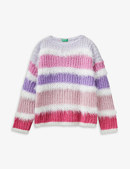 BENETTON: Round-neck faux-fur stripe knitted jumper 6-14 years