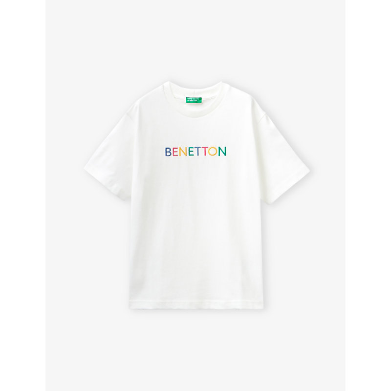 Benetton Boys White Kids Logo-embroidered Short-sleeve Cotton T-shirt 6-14 Years