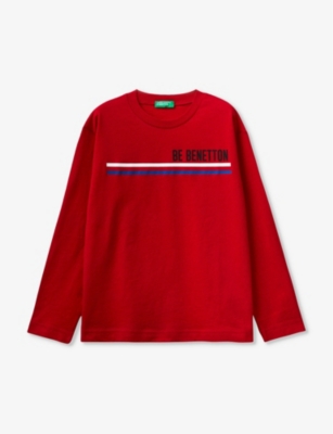 Benetton Boys Red Kids Logo-print Long-sleeved Organic-cotton T-shirt 6-14 Years